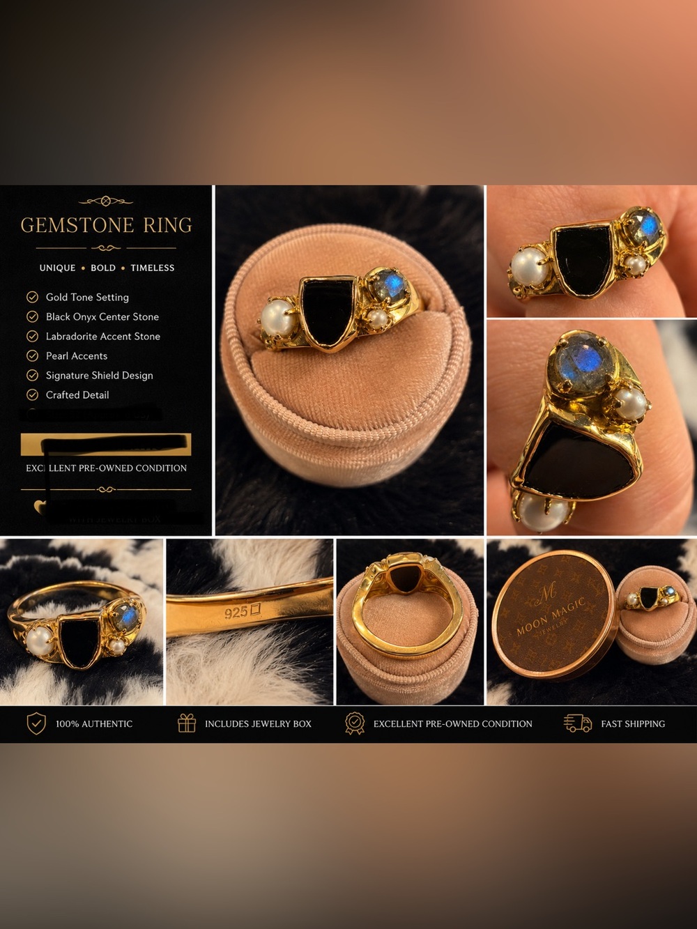 Moon Magic Gold-Plated Sterling Silver Ring with Black Onyx, Moonstone & Pearls